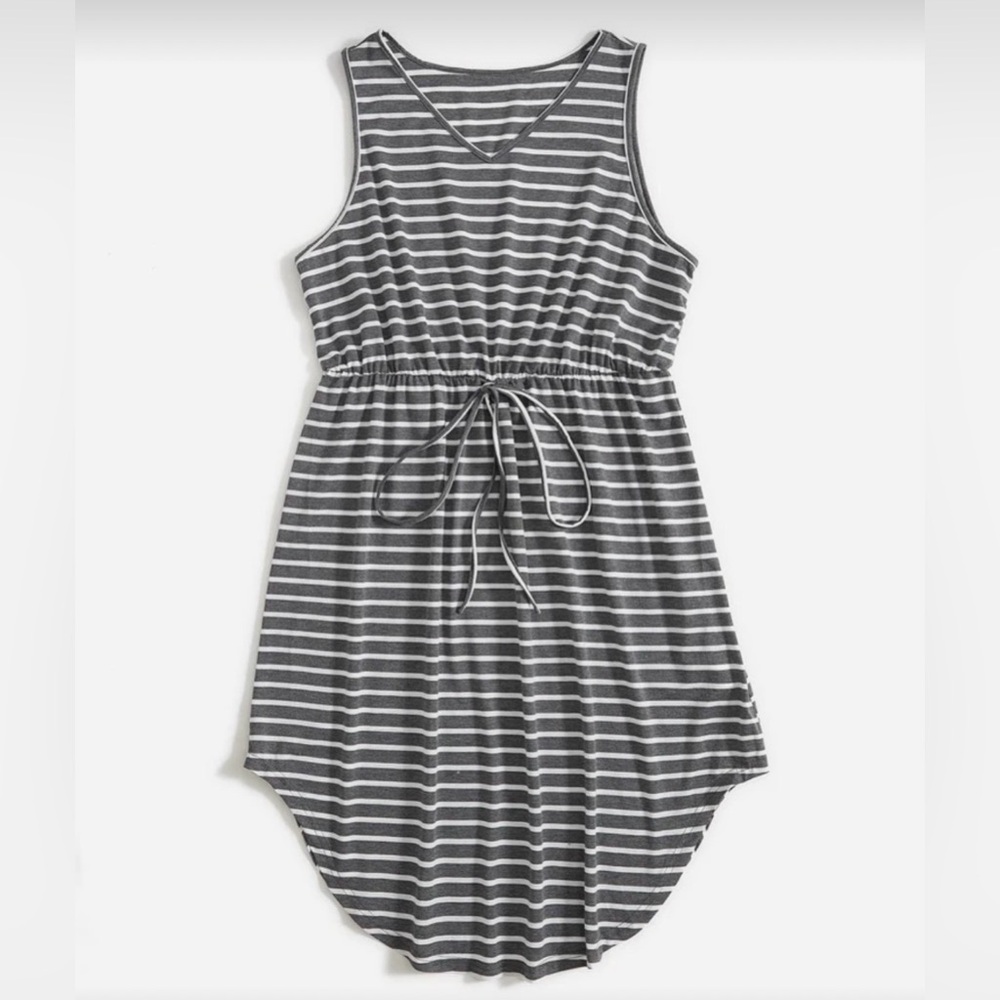 SHEIN Curve Gray White Striped Print Tie Front Curved Hem Dress Size OXL 12 NWOT
